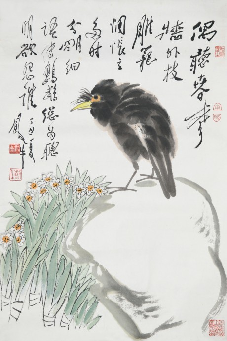 飯牛  花鳥鏡片 68×45CM